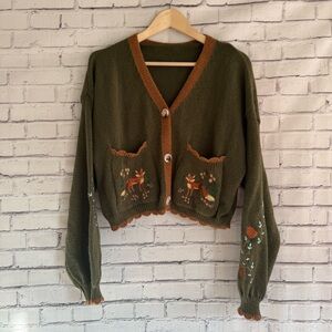 Forest Green Cardigan with Fox Embroidery